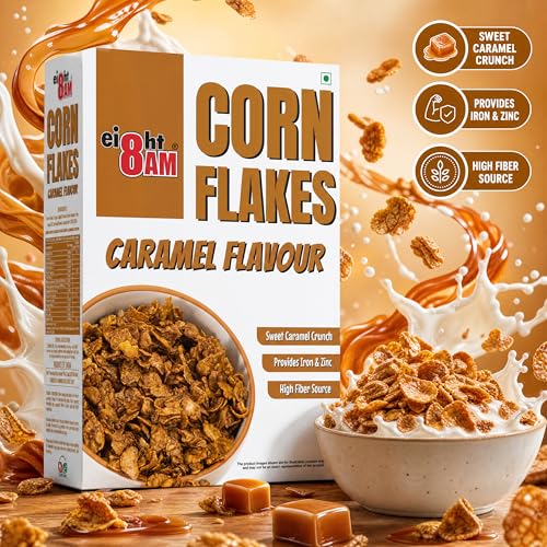 Image of 8AM Corn Flakes Caramel 300 Gram, No Cholesterol, Trans Fat, Artificial Additives, Source Of Fiber, Contains Iron & Zinc, Crunchy & Nutritious Whole Grain Breakfast Cereal