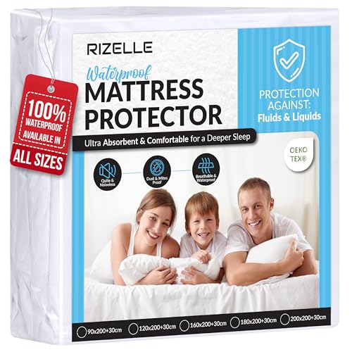 Rizelle 100% King Size Waterproof Mattress Protector Soft Cotton Terry Surface Mattress Cover for Bed Breathable & Noiseless Comfort Topper Hypoallergenic Pad Machine Washable Sheet
