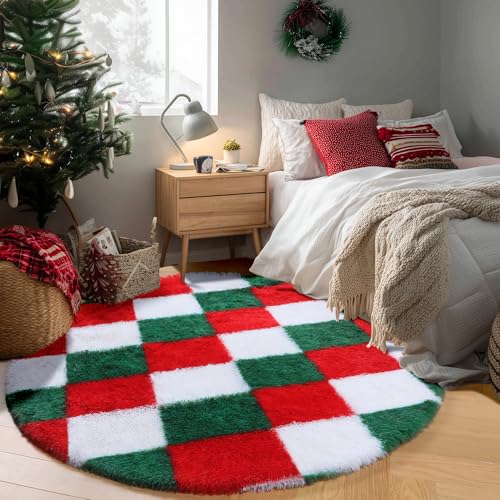 Image of KICMOR Round Christmas Rug 4ft Red Green White Circle Area Rug, Fluffy Soft Fuzzy Shag Shaggy Bedroom Living Room Carpet, Indoor Checkered Circular Rugs for Kids Boys Girls Home Decor Aesthetic