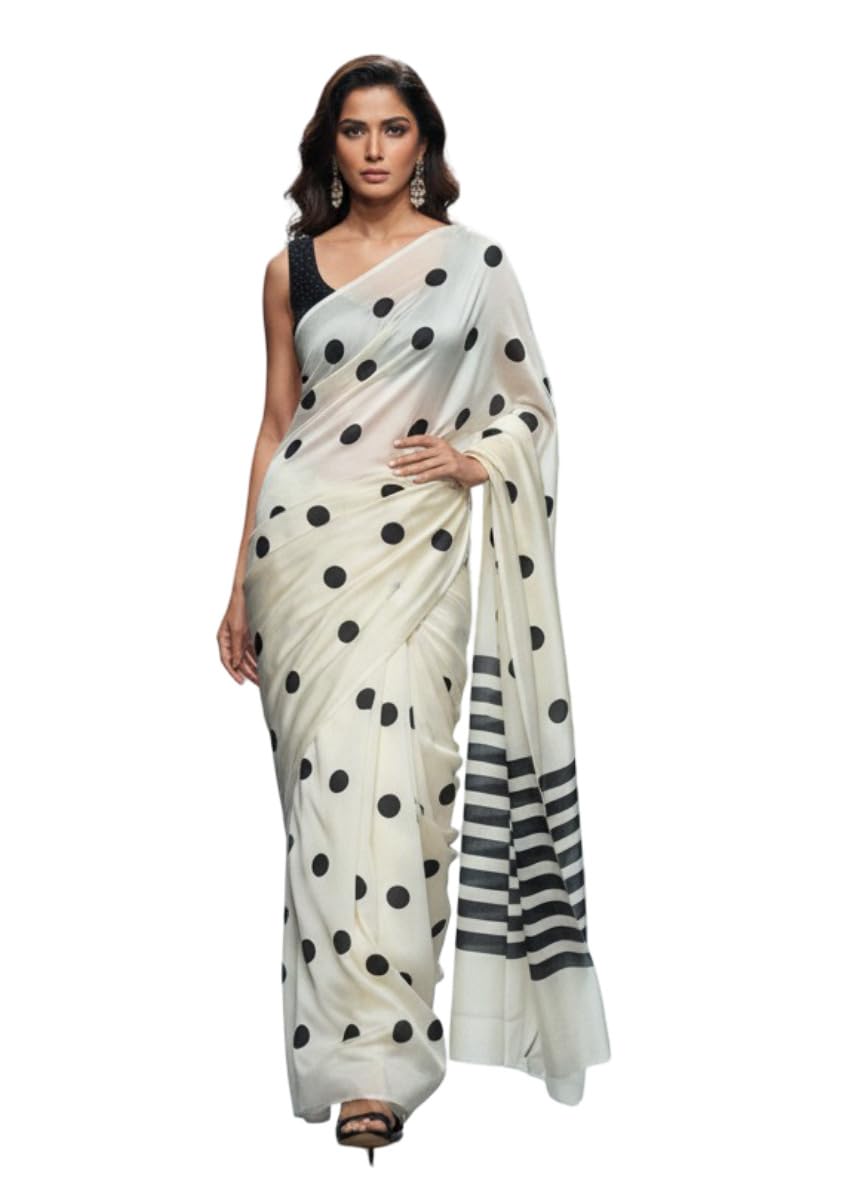 Designer Polka Dot and Striped Digital Print Saree, Original Model Silk, 6.30 Meter with Blouse Piece-image-31