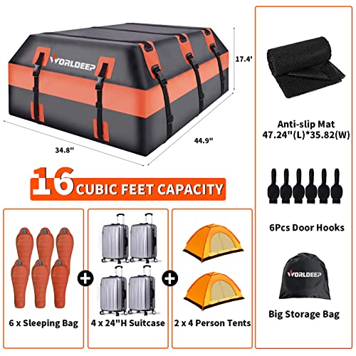Rooftop Cargo Carrier,16 Cubic Feet Soft-Shell Rooftop Cargo Bag, Car Topper Luggage Carrier Waterproof With Anti-Slip Mat For All Vehicles With/Without Rack,Includes 6 Door Hooks #TOP3