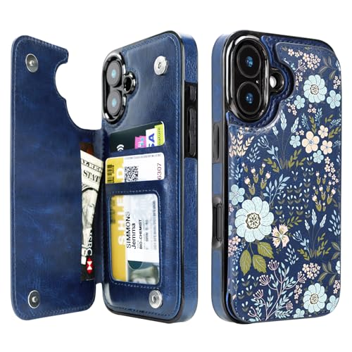 uCOLOR for iPhone 16 Wallet Case with Card Holder PU Leather RFID Blocking iPhone 16 Case Wallet Folio Flip Case for Women Men Magnetic Clasp Kickstand Design 6.1 (Blue Daisy)