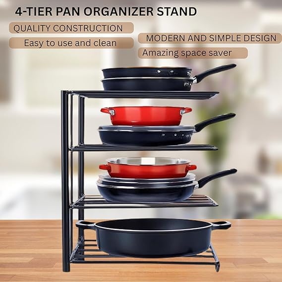 Image of Niyara 4-Tier Heavy Duty Iron Metal Tawa Stand | Multipurpose Kitchen Storage Rack for Tawa, Lids & Cookware (Black)