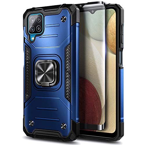 NZND Case for Samsung Galaxy A12 with Tempered Glass Screen Protector (Maximum Coverage), [Military-Grade] Full-Body Protective, Magnetic Car Mount Ring Holder, Heavy-Duty Durable Case (Blue)