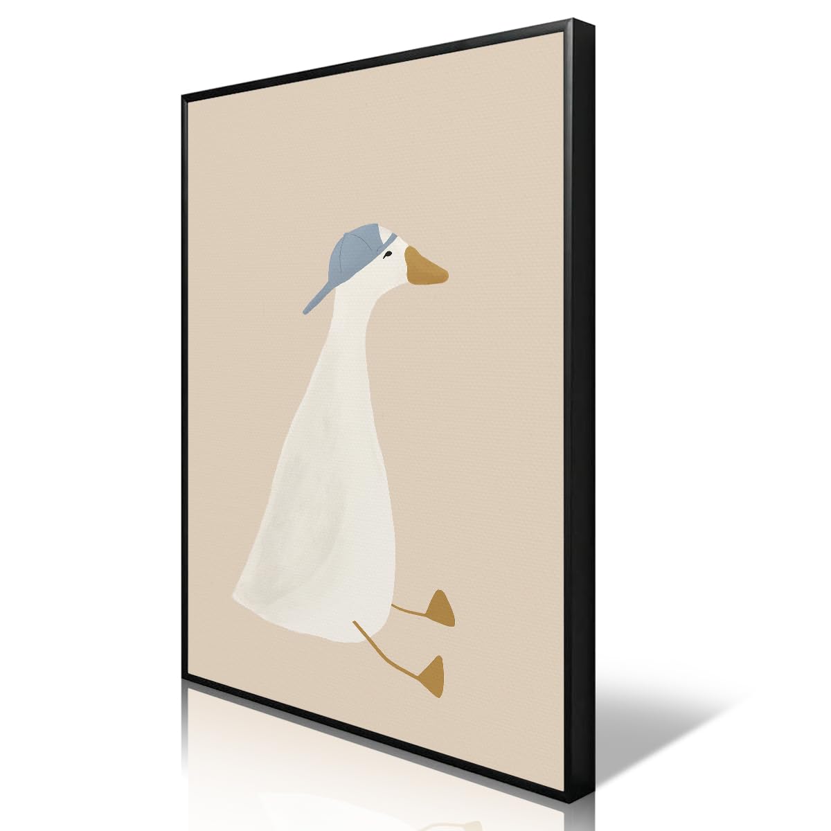 Silly Goose Canvas Wall Art, Cute Nursery Animal Aesthetic Poster, Goose with Baseball Hat Print for Kids Room, Neutral Beige Farm Animal Painting for