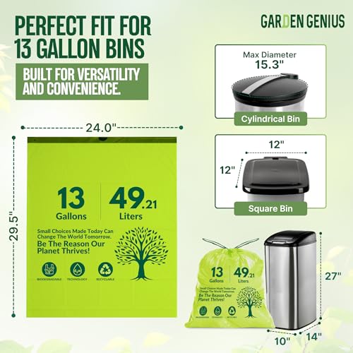 Image of Biodegradable 13-Gallon Kitchen Waste Bags (50-Pack) | Strong, Heavy-Duty Tall Trash Bags w /Drawstring | Fits Most Standard 13-Gallon (49.21 L) Cans | Eco-Friendly D2W, 30 Microns Thick, 29.5 inch x 24 inch