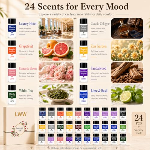 Image of Car Air Freshener Diffuser Refills, 24 PCS 10ml Essential Oils Mixed Fragrance Set, Long Lasting Car Fragrance Oil Replacement for Car Diffusers, No Diffuser Included