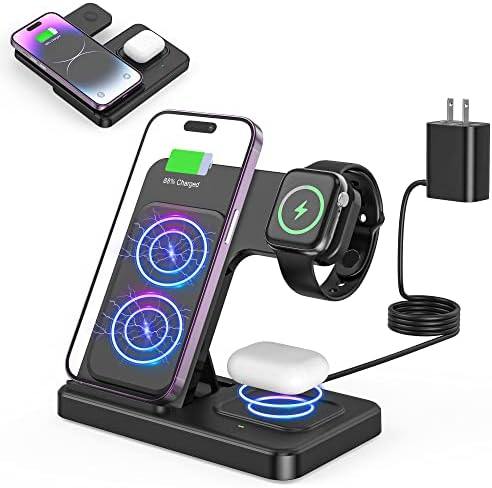 3 in 1 Wireless Foldable Charging Station,Folding Fast Charger Dock Stand for Apple iPhone 14/13/12/11/Pro/Max/XS/XR/X/Plus/Apple Watch 7/6/5/4/3/2/SE, AirPods 3/2(with Adapter)