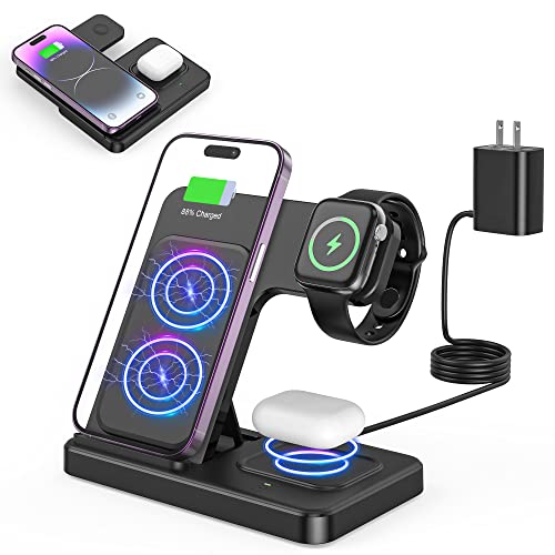 3 In 1 Wireless Foldable Charging Station,Folding Fast Charger Dock Stand For Apple Iphone 14/13/12/11/Pro/Max/Xs/Xr/X/Plus/Apple Watch 7/6/5/4/3/2/Se, Airpods 3/2(With Adapter) #TOP24