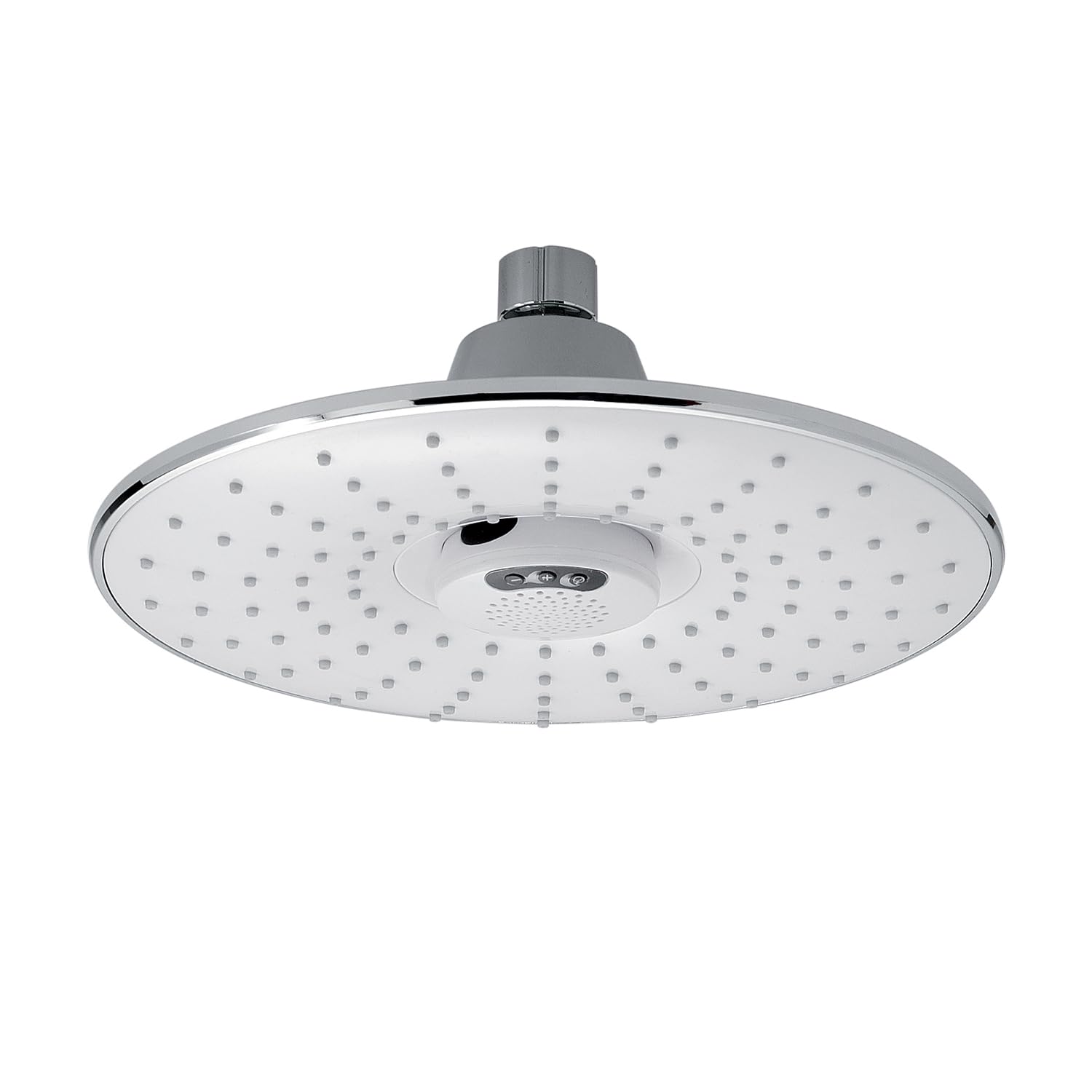 Gedy Alcachofa de ducha antical cromada Music 00, alcachofa de ducha redonda diámetro 23 cm, caja Bluetooth incorporada extraíble, 1 chorro tipo lluvia, alcachofa ajustable 360°, boquillas de silicona