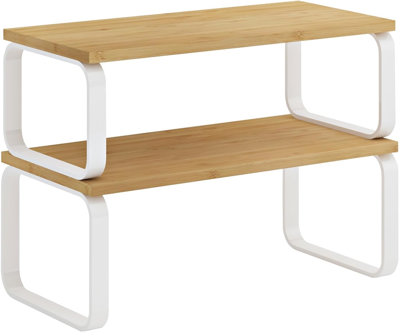 DEZYN - Cabinet Organizer Shelf, Set of 2 Kitchen Counter Shelves, Kitchen Storage, Spice Rack, Stackable, Expandable, Metal and Engineered Wood, White and Natural