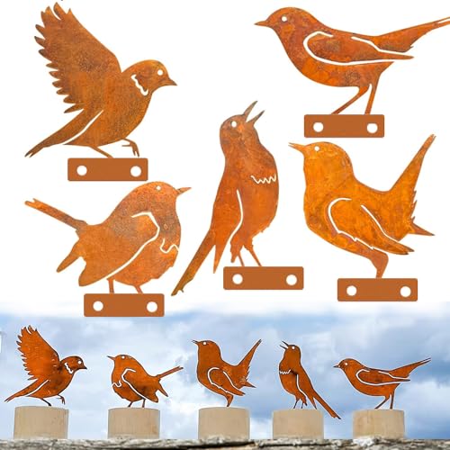 Pájaro de Metal 5pcs Metal Oxidado Jardin Seguridad Decoración de Jardín Oxidada Reutilizable Decoración de Jardín con Forma de Pájaro Impermeable para árbol Valla Patio Decoración Jardín (A)
