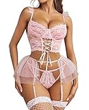 Avidlove Women's Lace Lingerie Bra and Panty Set Strappy Babydoll Bodysuit Lingeries with Garter Straps (Pink, Medium)