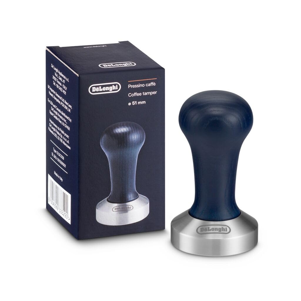 De'Longhi Coffee Tamper - Calibrated Stainless Steel Base with Natural Wood Handle, 51mm Diameter, Ergonomic Grip, Perfect Pressure for Espresso, Suitable for Pump Espresso Machines, Blue DLSC058