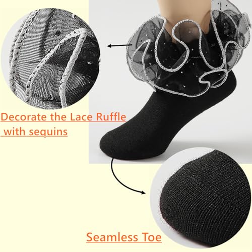 Girls Sequin Lace Ruffle Socks Double Frilly Dress Socks Toddler Turn Cuff Socks 3 Pack4