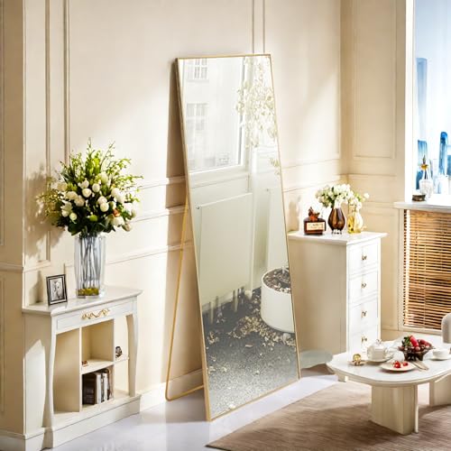UnboxGermany Grand Miroir sur Pied 150 x 40 cm, Cadre en Aluminium, Pleine Longueur, Suspendu, pour Chambre, Salon, Entrée – Doré