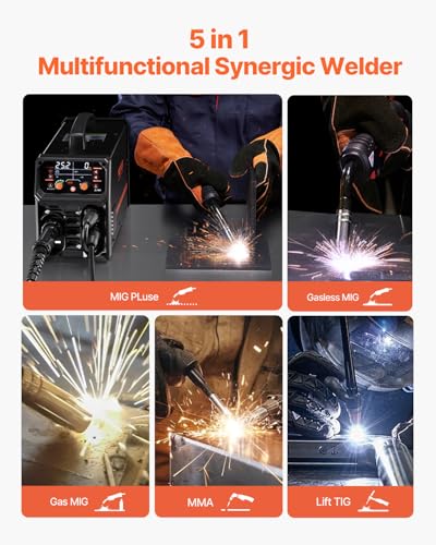 VEVOR Pro MIG Welder, 250A Pluse Mig Welding Machine, 5-in-1 Synergic Welder Machine MIG Pluse/Gas MIG/Flux Core MIG/Stick/Lift TIG, 110V/220V Dual Voltage Aluminum Mig Welder with LCD Screen Display - Image 2
