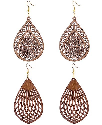 Wood Earrings for Women Natural Wooden Drop Dangle Earring 2 Pairs Lightweight Waterdrop Earring Set