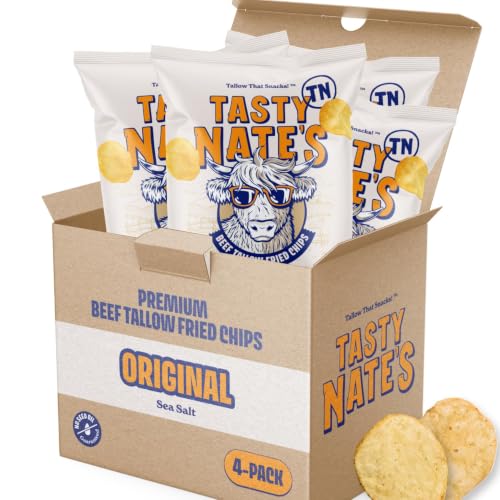 Image of Tasty Nate's Beef Tallow Potato Chips Original Sea Salt Kettle Chips Made with 100% Beef Tallow Seed Oil Free - Gluten Free Healthy Snacks Paleo Friendly 7oz Bag - Pack of 4