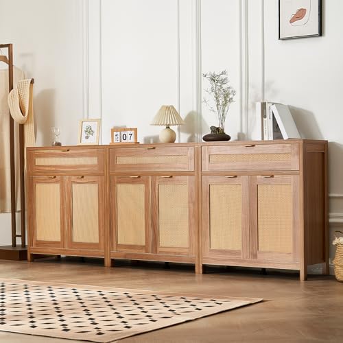 VEVOR 3 Juegos de Aparadores de Ratán de 750 x 360 x 860 mm con 6 Puertas Magnéticas, 3 Cajones y Estantes Ajustables, Armario de Ratán para Pasillo, Entrada, Sala de Estar o Cocina, Color Madera