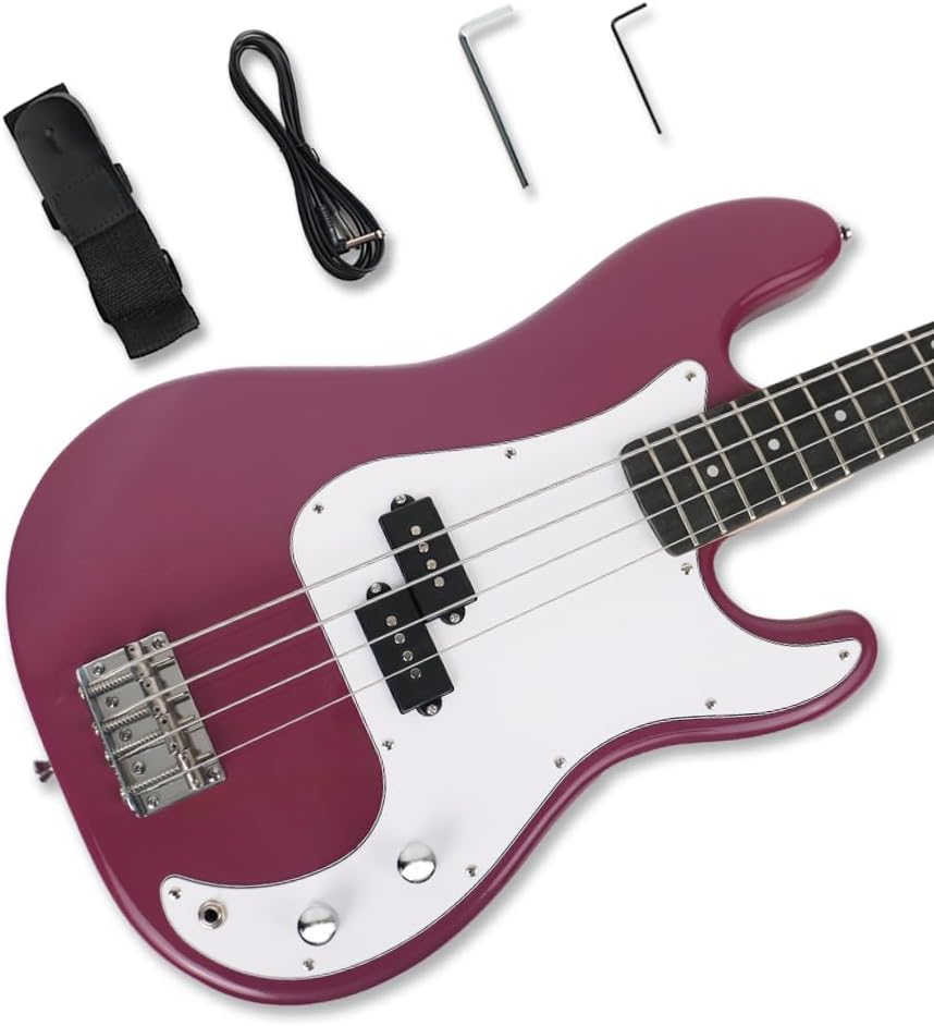 Electric Bass Guitar 4 String Full Size Purple with P Pickup Fixed Bridge Solid Maple Neck Phoenix Wood Body for Beginner Starter Practice