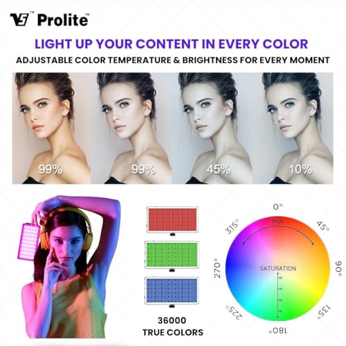 Image of Prolite RGB Pocket LED 12W Video Light with Built-in 4000mAh Rechargeable Battery, Type-C Charging Cable, OLED Display, 21 Light Effect, Hard Carry Case | 96 CRI, 360 Brightness & Color Control
