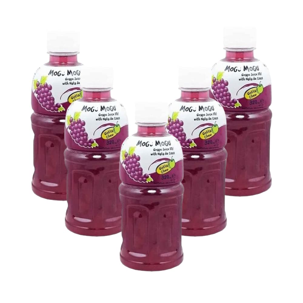 Mogu Mogu Varied Flavored Drinks - Nata De Coco Juice - Jelly Texture - Refreshing Taste - Fun Drinking During Hot Summers Or Take Them on Trip & Picnics (Grape 320ML, Pack of 5)