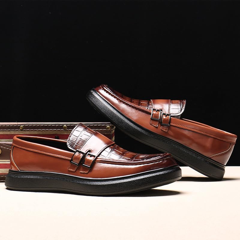Santimon Men's Crocodile Print Loafers Double Buckle Strap Slip-On Dress Shoes Comfortable Casual Moc Toe Driving Shoes4