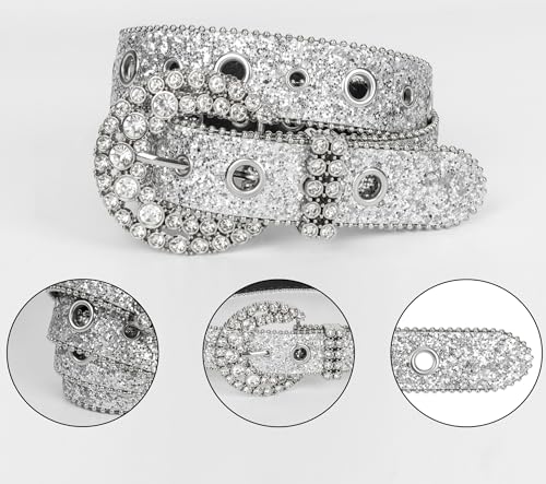 INOGIH Women-Glitter-Rhinestone-Western-Leather-Belt Cowboy-Cowgirl-Belt Silver-Sparkly-Diamond Waist-Belt for Jeans Pants3