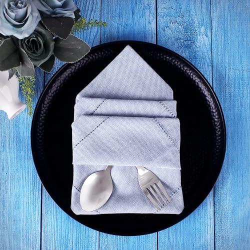 Image of FINGERCRAFT Hemstitched Cotton Table Napkins - Set of 12, 20x20 Inch, 100% Cotton Cloth Napkins with Faggoting Stitching - Durable & Elegant for Parties, Hotels, Everyday Use (Sky Blue Twill)