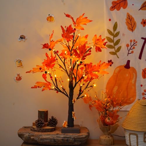 JORIX 60cm Christmas Twig Tree Light Maple Leaf Christmas Pre-Lit Birch Tree Lamp USB & Battery Powered 24 LED Warm White Tabletop Artificial Tree for Fathers Day Home Decor