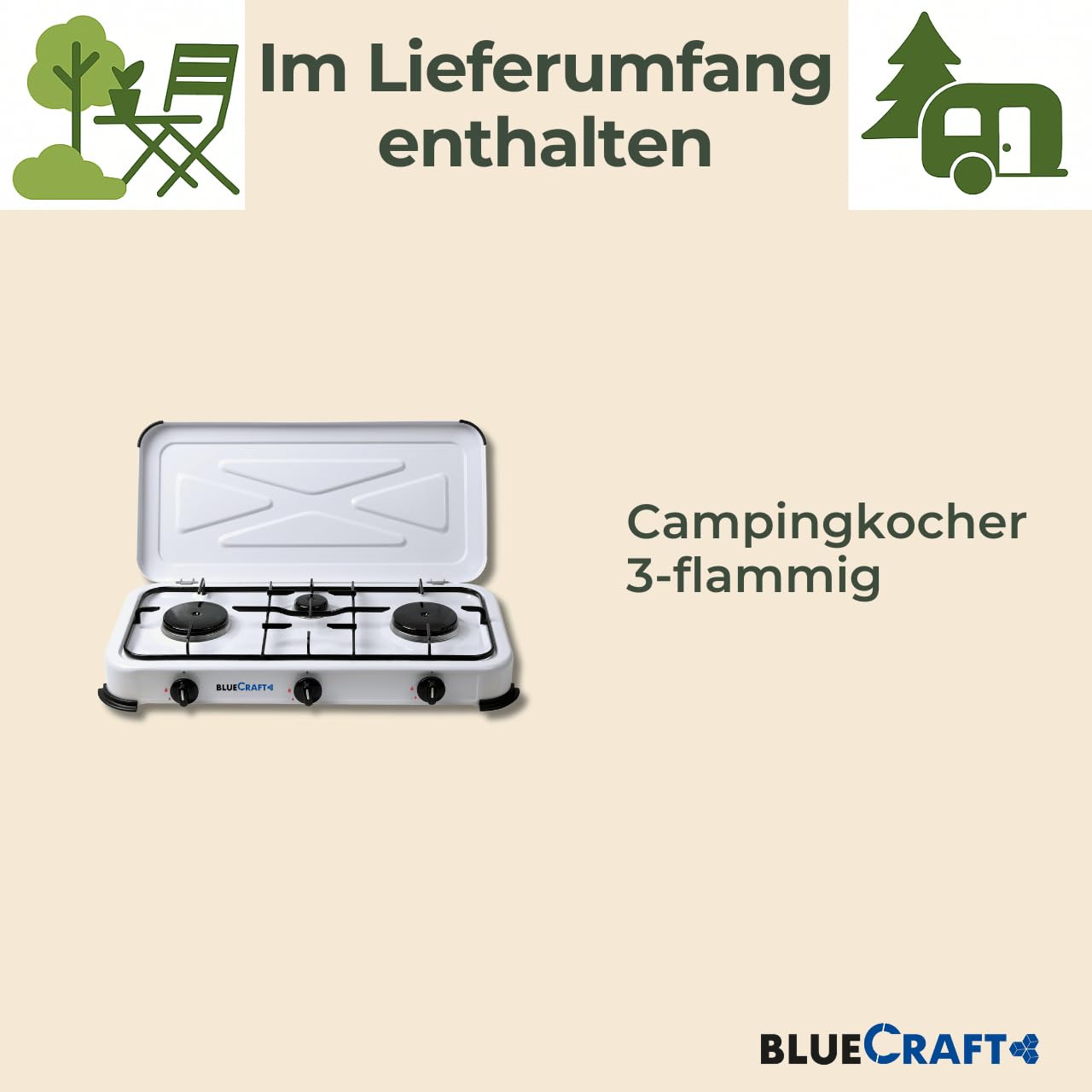 Bluecraft Gaskocher Camping 3-flammig, 5,25 kW Campingkocher
