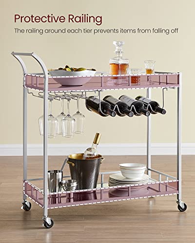 VASAGLE Bar Cart Silver, Home Bar Serving Cart, Wine Cart with 2 Mirrored Shelves, Wine Holders, Glass Holders, for Kitchen, Dining Room, Silver ULRC090E62