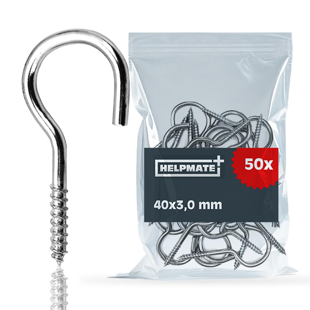 HELPMATE – Schraubhaken gebogen 40x3,0x15x9 mm – 50 Stück – galvanisch verzinkter Stahl – Haken für die Wand- oder Deckenmontage