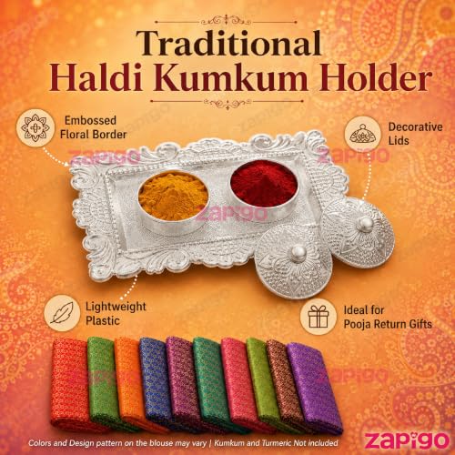 Image of Habba Blouse Piece with Silver Kumkum Box for Women, Silk Blend Fabric & Decorative Haldi Kumkum Holder, Traditional Tambulam Return Gift for Diwali, Navratri, Wedding, Housewarming, Baby - Pack of 5