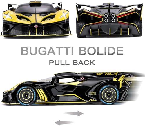 Image of 1:24 Bugatti Bolide Diecast Car Toy, Alloy Pull Back Model with Lights and Music, Realistic Toy Vehicle for Kids, Boys, Girls, Perfect Birthday (Yellow)