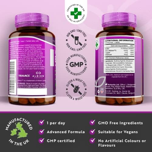 Biotin Hair Growth Supplement 12,000mcg with Zinc, Selenium & Copper - Full Year Supply 365 Vegan High Strength Biotin Tablets for Hair - Supports Hair, Skin & Nail Growth - Hair Growth - Nutravita