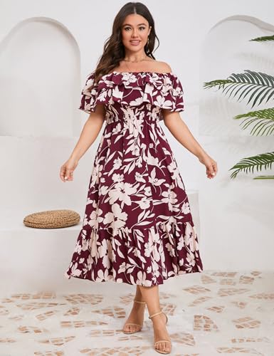 Image of KOJOOIN Women Plus Size Off Shoulder Maxi Dress Ruffle Flowy Casual Summer Boho Long Dresses
