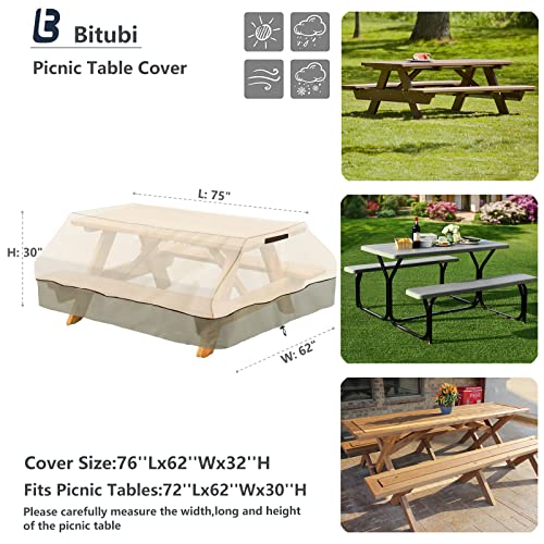 Bitubi 70 / 72 Inch Heavy Duty Waterproof Picnic Table Cover - 600D Tough Canvas Wind Dust Proof Anti-Uv Outdoor Patio Table Bench Covers Winter #TOP1