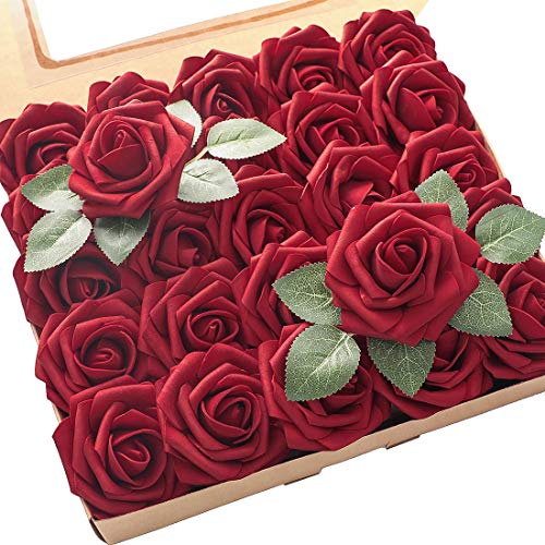 Floroom Artificial Flowers 25pcs Real Looking Dark Red Foam Fake ...