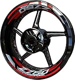 juego de pegatinas kawasaki z750 Contenido: 12 pegatinas con forma para los bordes de la llanta (delantera y trasera), 16 pegatinas en el interior de la llanta (delantera y trasera)