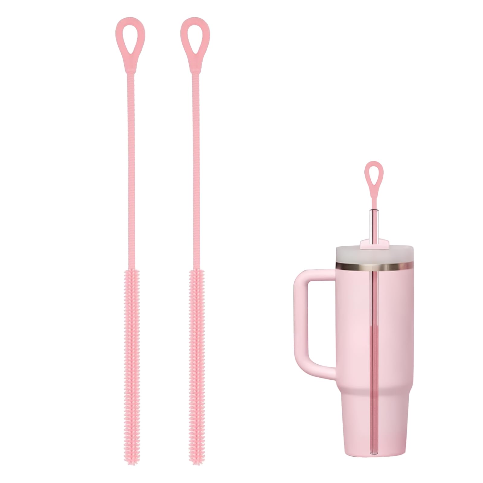 Silicone Straw Cleaner Brush, 2PCS Straw Brush Cleaner Set with 6mm & 9mm Heads, 9.84in Extra Long Bendable Straw Cleaner for Metal/Glass/Smoothie Straws, Non-Slip Handle Small Bottle Brush