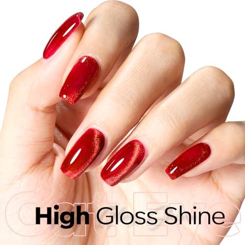 Image of modelones Red Cat Eye Gel Nail Polish Magnetic Glitter Holographic Red Ruby Gel Polish Reflective Jelly Translucent UV Gel Manicure 15 ML