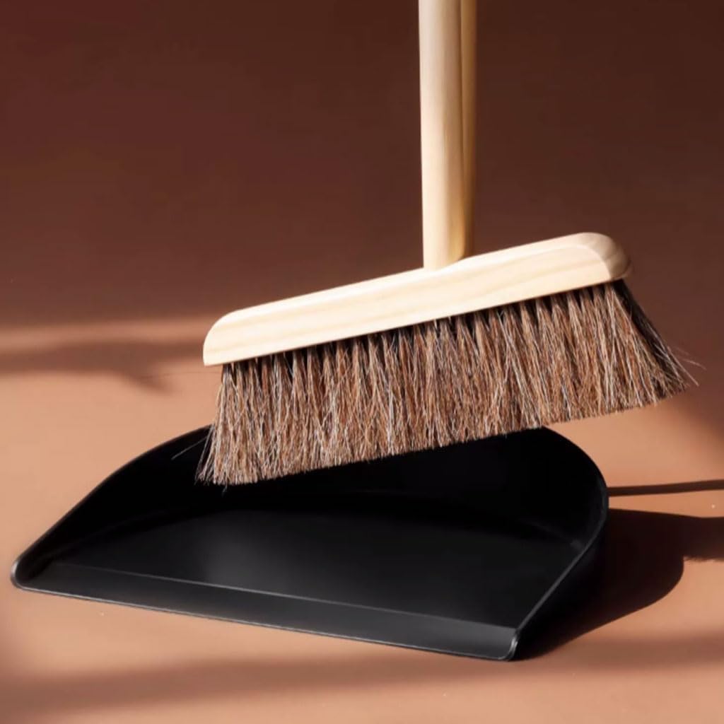 PEKJI Standing Broom and Dustpan Set Wooden Long Handle Broom with Dustpan for Kitchen Office Lobby