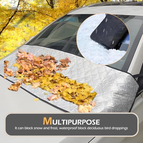 Image of MLY Car Front Windshield Rain Trough Cover, All Season Block Fallen Leaves Dust Frost Protector, Foldable Sunshade with Elastic Belt, 66.9 inch x 17.7 inch Car Hood Shield Windshield Cover Outside (Silver)