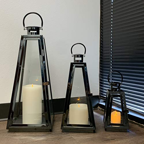 Image of Allgala 3-PC Lantern Set 24 Inch Jumbo Deluxe Modern Indoor /Outdoor Candle Lantern Set Black Stainless Steel Tapered Trapezoid Frame with Tempered Glass for Garden Patio Fireplace Wedding