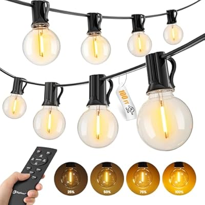 Outdoor String Lights with Remote, 100Ft Outside Waterproof Light with Dimmable G40 LED Bulbs, Shatterproof Connectable Hanging Patio Lights for Porch, Backyard, Bistro, Deck, Balcony, Home Decor