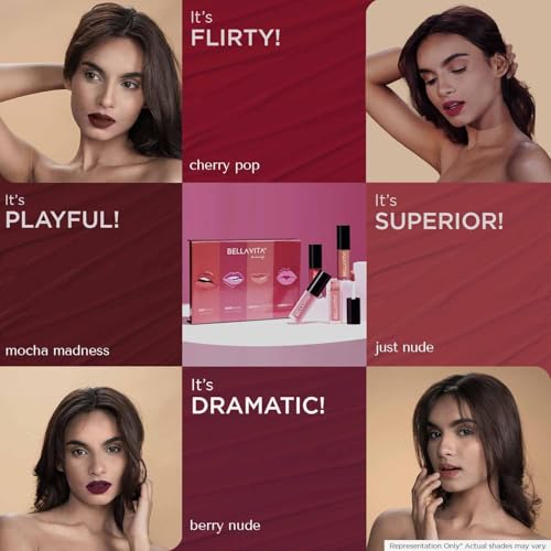 Image of Bella Vita Organic Mini Kiss Proof Liquid Lipstick Gift Set of 4x2ml | Smudge & Transfer-Proof | Intense Moisturisation | Just Nude, Berry Nude, Mocha Madness, Cherry Pop | Lipstick Combo Set