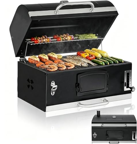Large Built-in Barbecue Grills, Charcoal BBQ Grills with Liftable Tray, Insulated Hood & Temp Gauge, Black Stainless Steel Charcoal BBQ Barrel Grill for Outdoor Kitchen Camping Park Style
