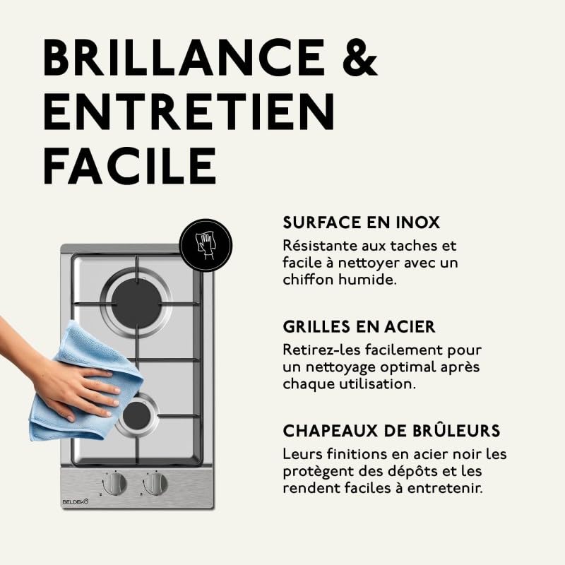 BELDEKO Plaque Gaz 2 Feux Domino 30 cm 4000W Inox - Marque Française